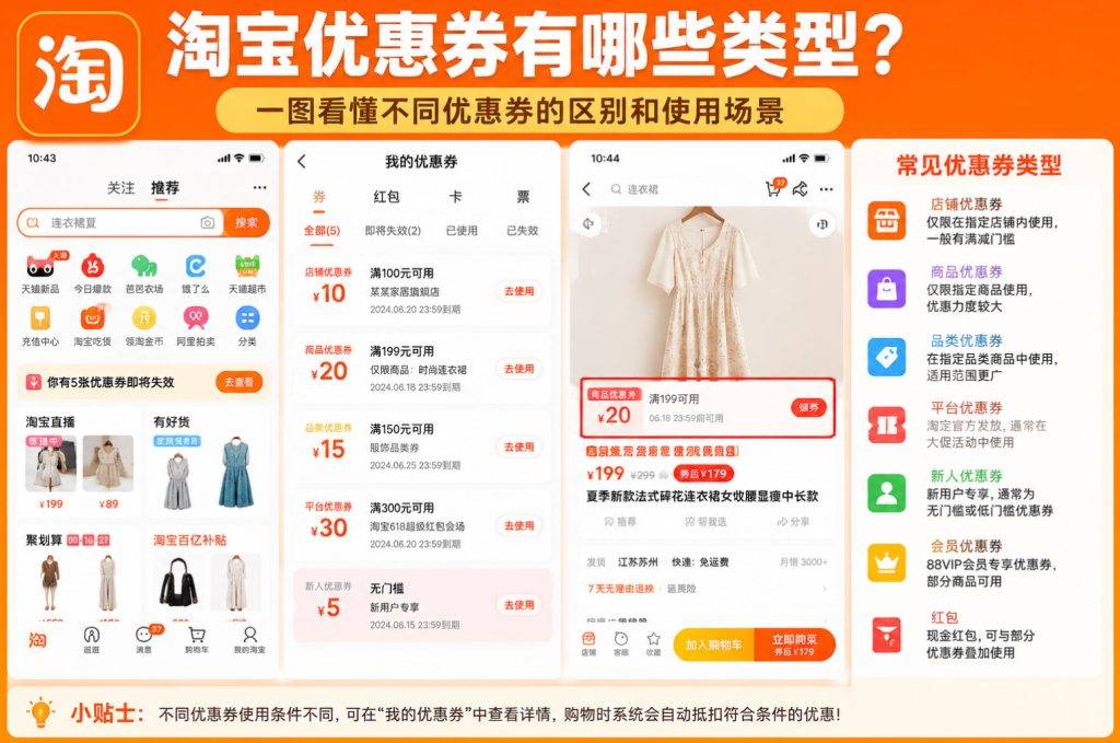 淘宝优惠券有哪些类型怎么领取？以及淘宝优惠券种类区别及使用攻略