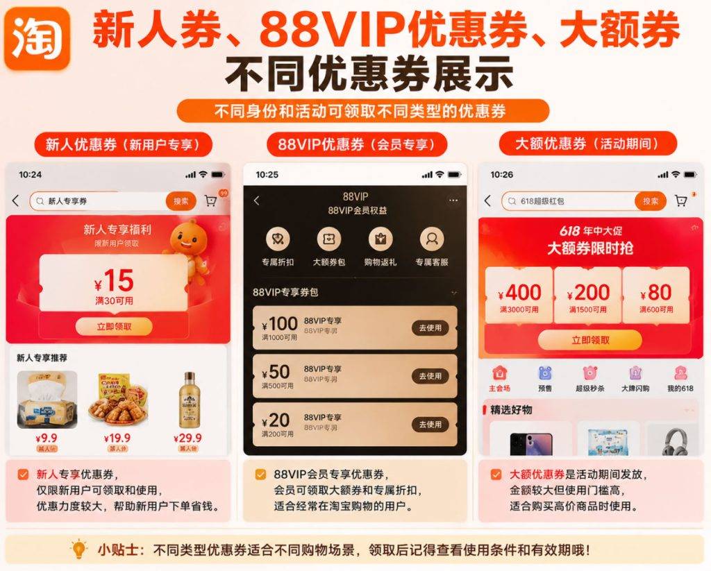 淘宝优惠券有哪些类型怎么领取？以及淘宝优惠券种类区别及使用攻略
