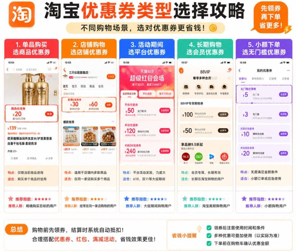 淘宝优惠券有哪些类型怎么领取？以及淘宝优惠券种类区别及使用攻略