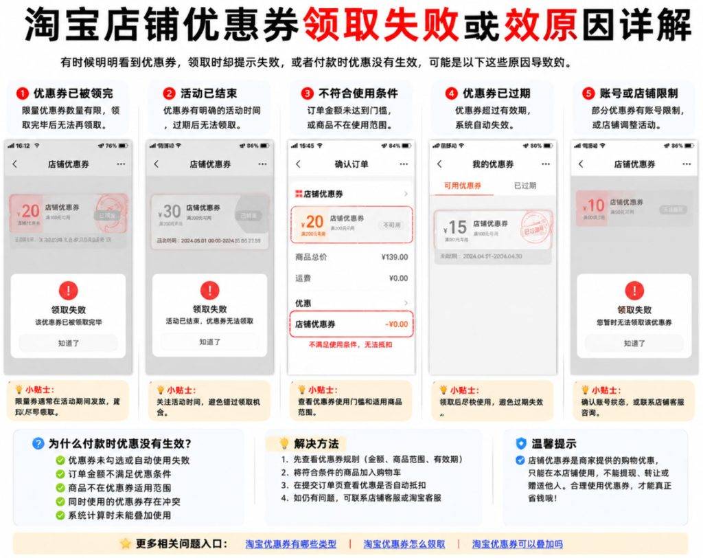 淘宝店铺优惠券怎么领取？使用方法、领取入口及失效原因详解