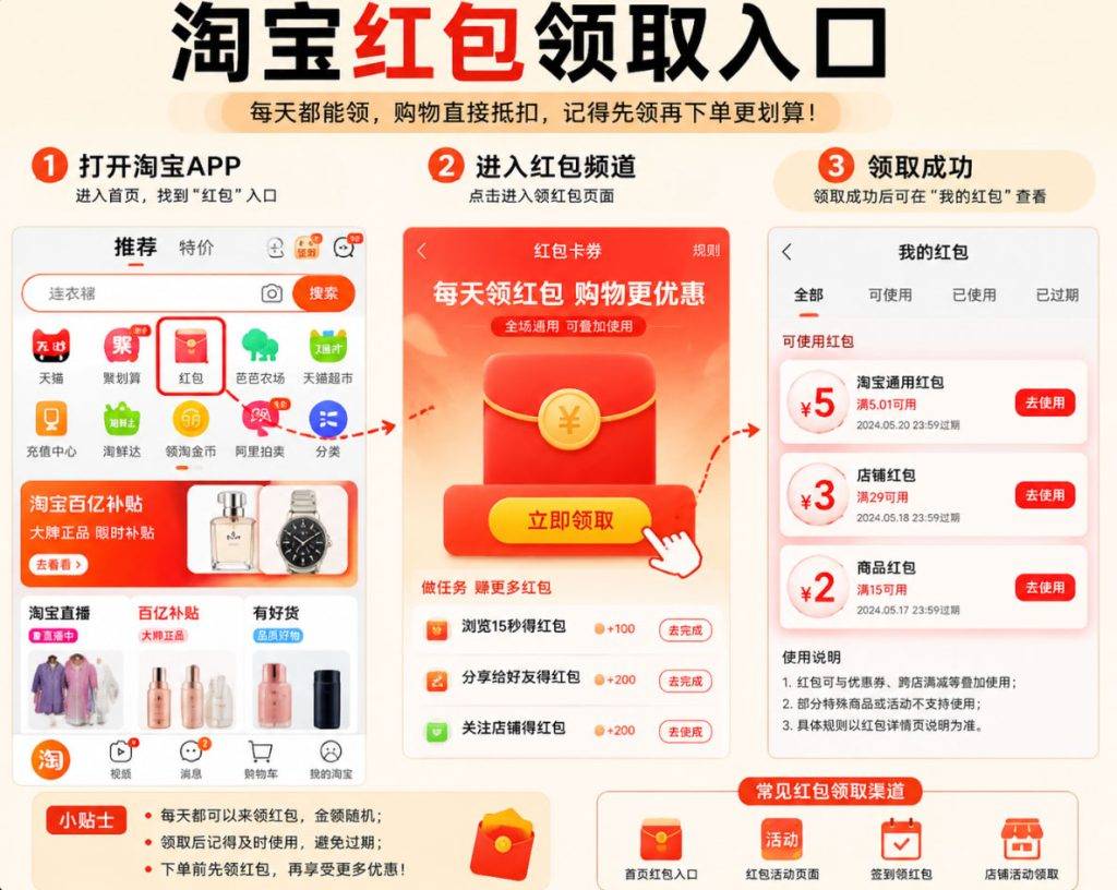 淘宝红包怎么领取？在哪里查看和使用规则详细教程