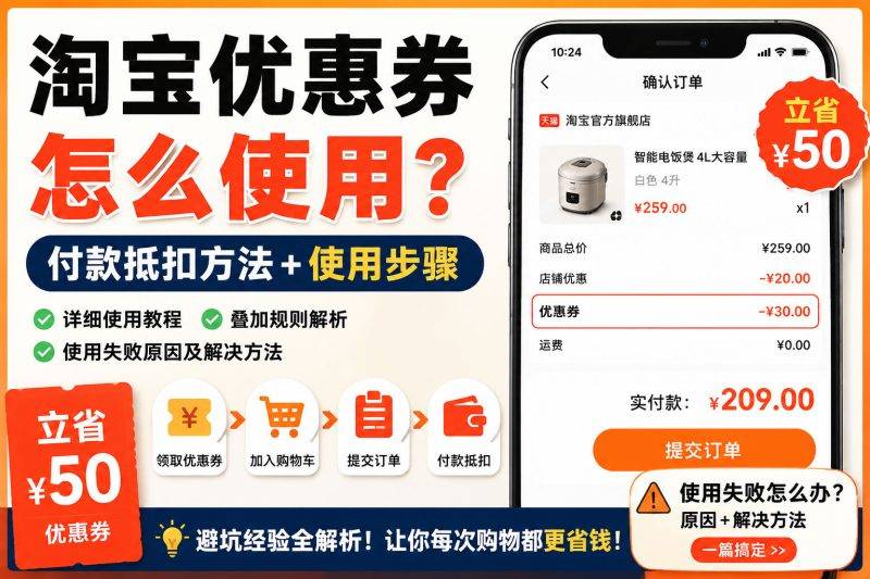淘宝优惠券怎么使用？付款抵扣方法、使用失败原因及省钱技巧详解-全网内部优惠券免费领-淘宝京东拼多多抖音快手优惠券+外卖电影快递红包随便领！！