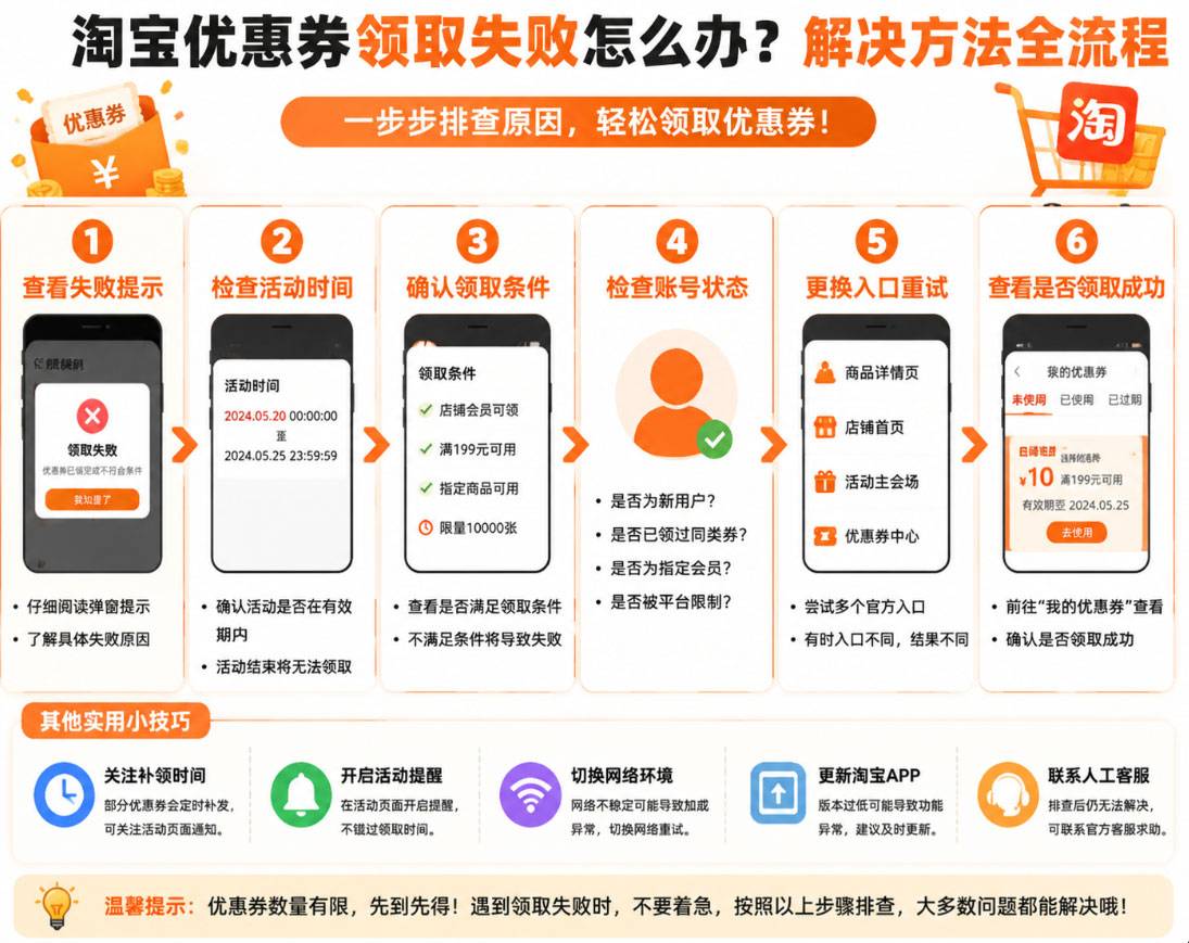 淘宝优惠券怎么领不到？8个原因及解决方法（领取失败排查）