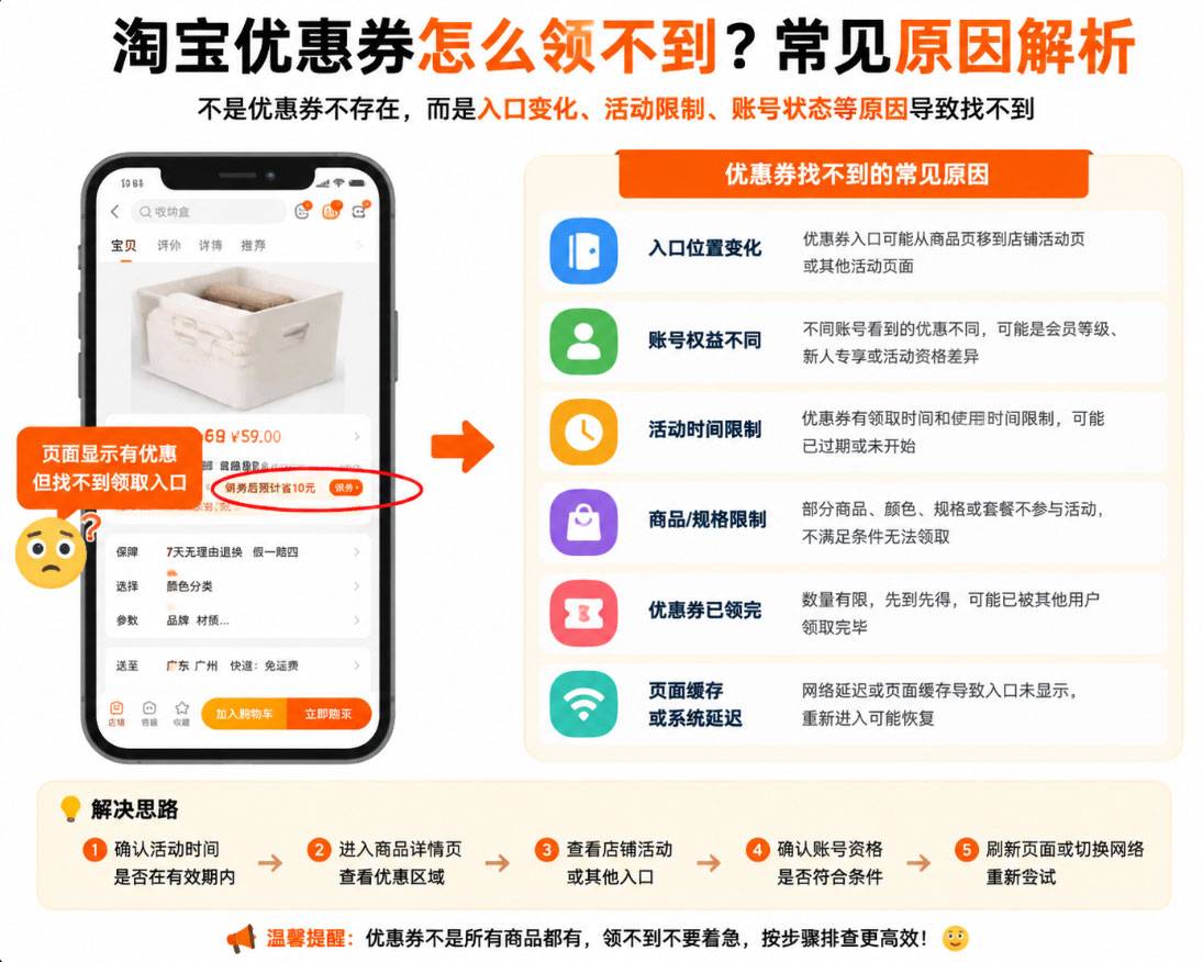 淘宝优惠券怎么领不到？找不到入口的原因和解决方法