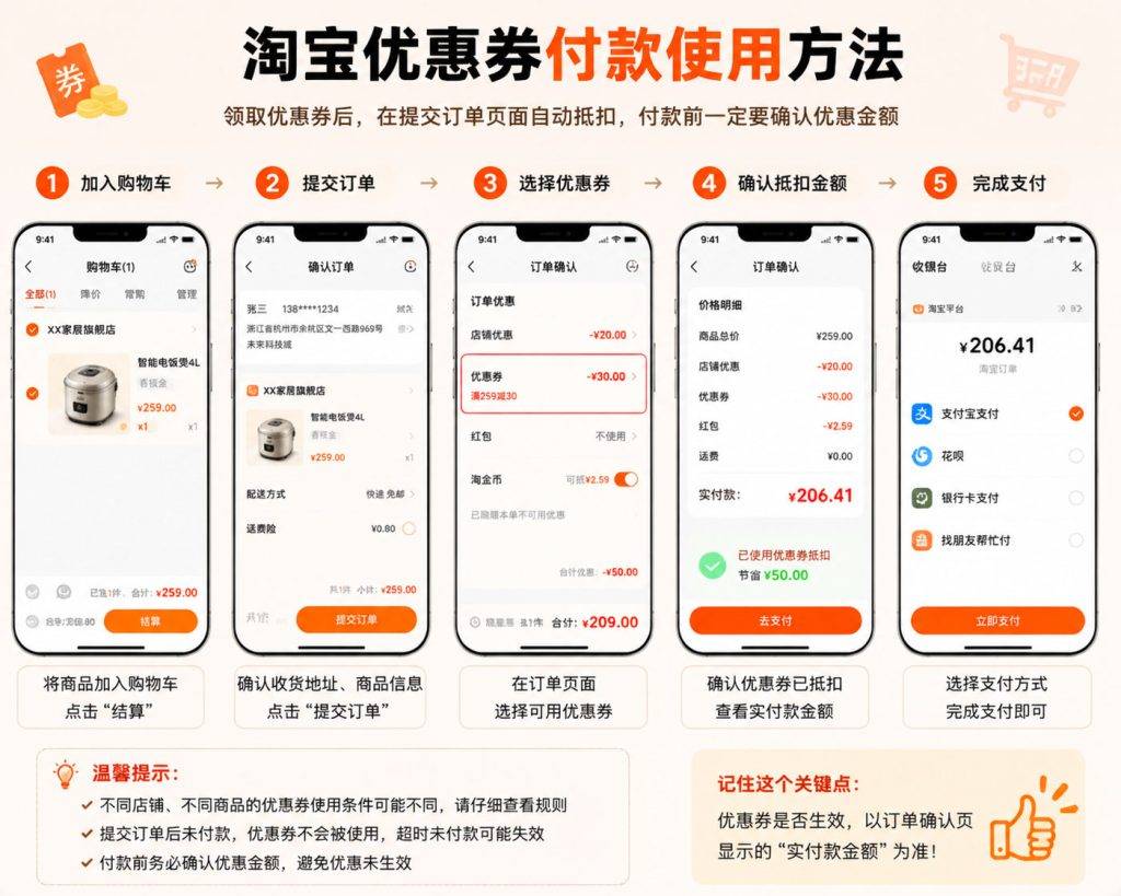 taobao-coupon-payment-guide-1024x819.jpg 淘宝优惠券怎么使用?付款抵扣方法、使用失败原因及省钱技巧详解