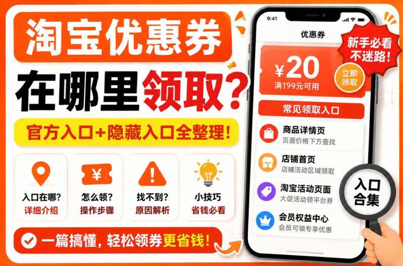淘宝优惠券在哪里领取？手机淘宝领券入口详细教程-全网内部优惠券免费领-淘宝京东拼多多抖音快手优惠券+外卖电影快递红包随便领！！