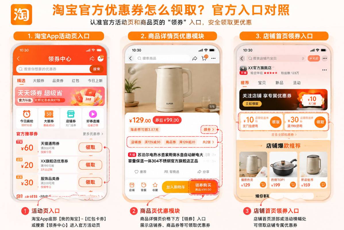 taobao-guanfang-youhuiquan-rukou-panduan.jpg 淘宝官方优惠券怎么领取?App内领取步骤、真假识别与失败排查