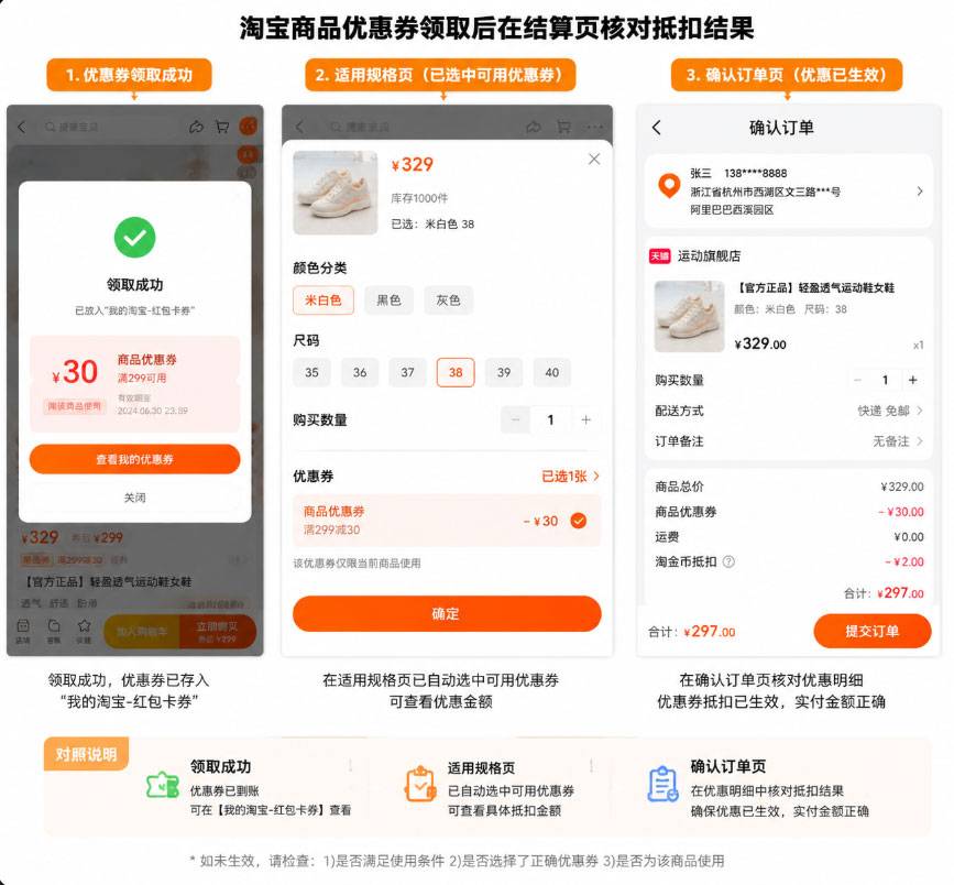 taobao-shangpin-quan-jiesuan-hedui.jpg 淘宝官方优惠券怎么领取?App内领取步骤、真假识别与失败排查