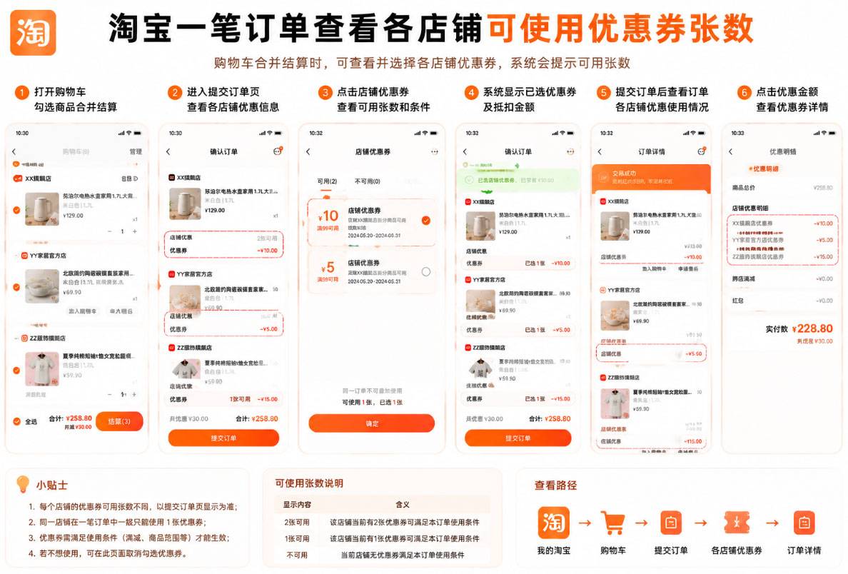 淘宝优惠券一笔订单可以使用几张？叠加规则与结算判断