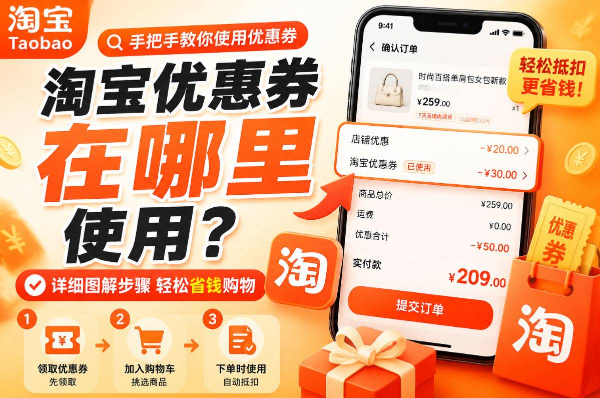 淘宝优惠券在哪里使用.jpg 淘宝优惠券在哪里使用?结算入口、抵扣步骤与失效排查