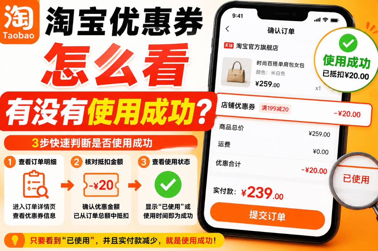 淘宝优惠券怎么看有没有使用成功？付款前后核对方法-全网优惠券助手