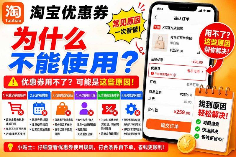 淘宝优惠券不能使用怎么办?金额不足、商品受限及付款不抵扣排查-全网优惠券助手
