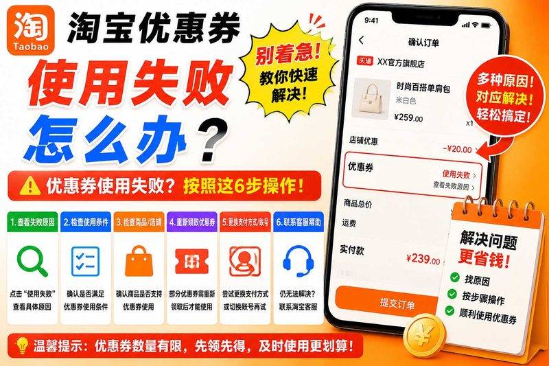 淘宝优惠券使用失败怎么办?常见原因和解决方法,一步排查优惠券为什么不能用-全网优惠券助手