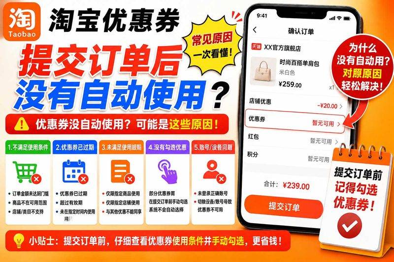 淘宝优惠券提交订单后为什么没自动用上?我这踩坑经历能帮你省不少钱-全网优惠券助手